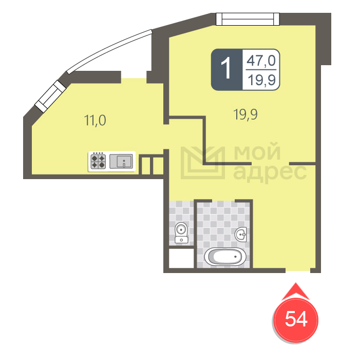 1 комн. квартира, 47 м², 9 этаж 