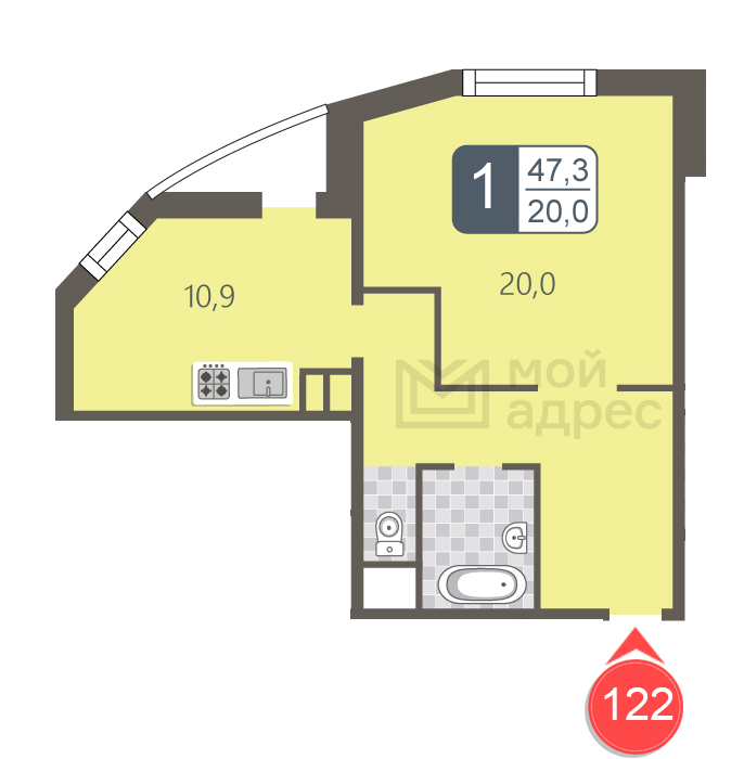 1 комн. квартира, 47.3 м², 19 этаж 