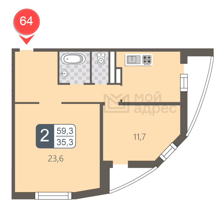 2 комн. квартира, 59.3 м², 11 этаж 