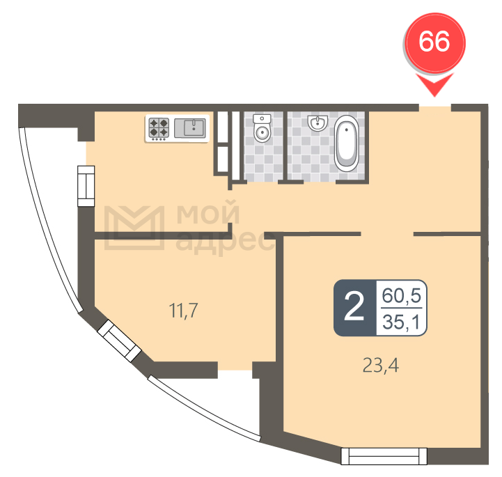 2 комн. квартира, 60.5 м², 11 этаж 