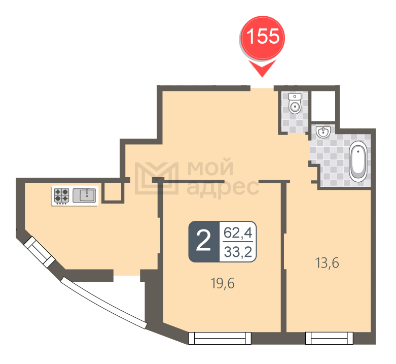 2 комн. квартира, 62.4 м², 6 этаж 