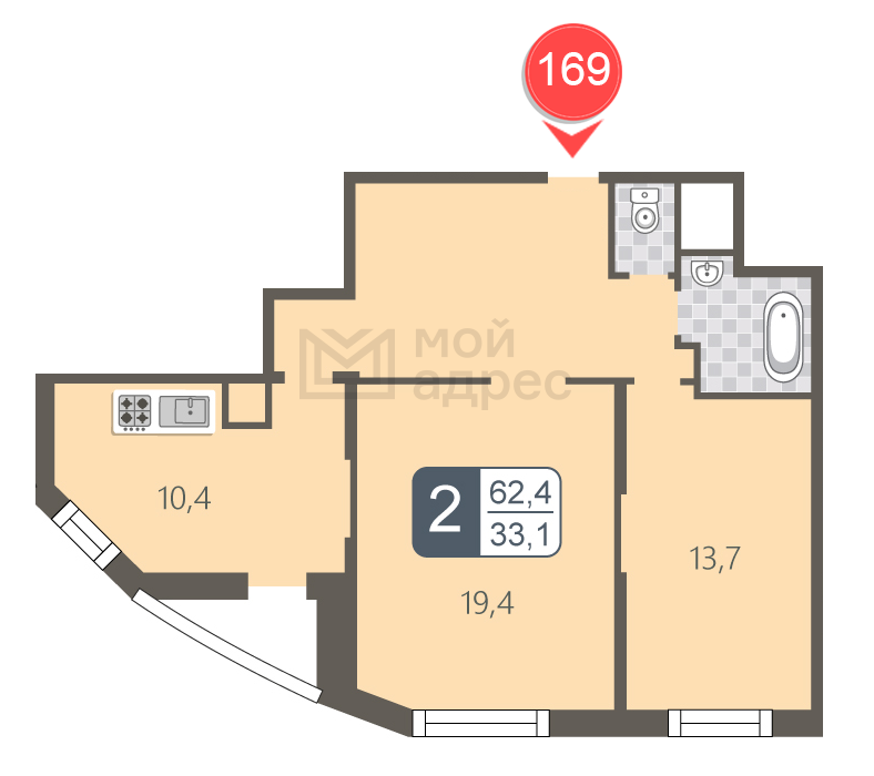 2 комн. квартира, 62.4 м², 8 этаж 