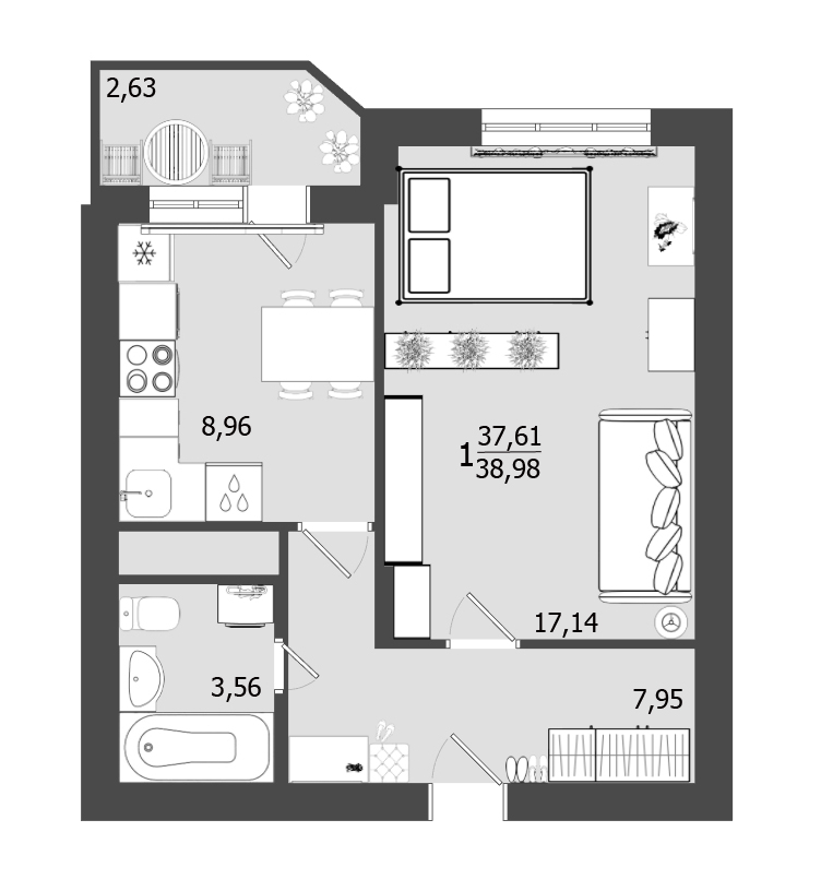 1 комн. квартира, 39 м², 8 этаж 