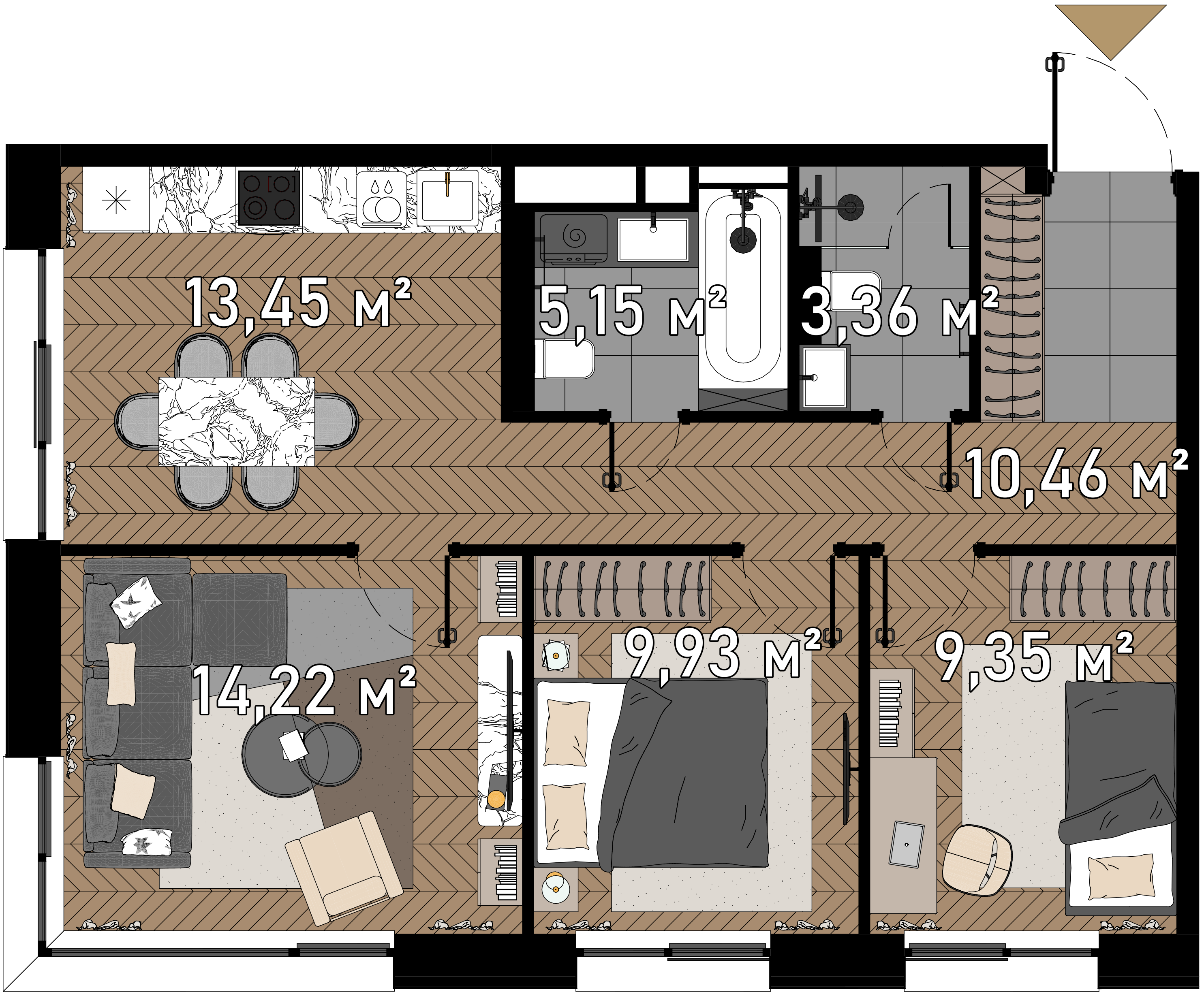 3 комн. квартира, 65.9 м², 3 этаж  (из 23)