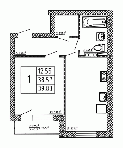 1 комн. квартира, 39.8 м², 1 этаж 