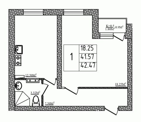 1 комн. квартира, 42.5 м², 1 этаж 