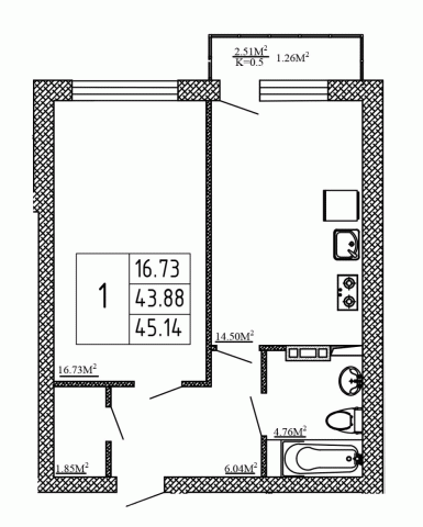 1 комн. квартира, 45.1 м², 1 этаж 