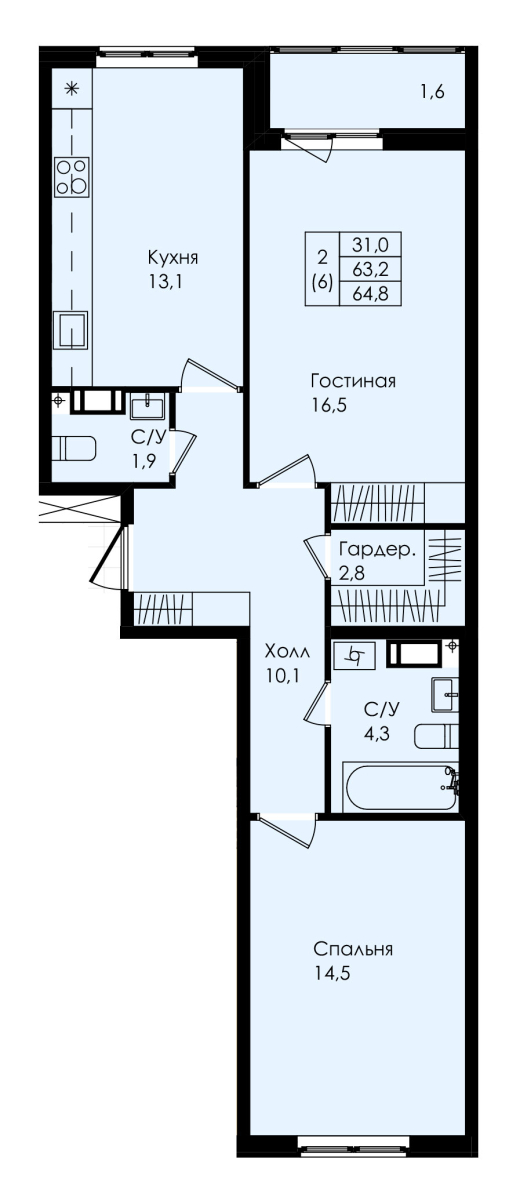 2 комн. квартира, 64.8 м², 6 этаж 