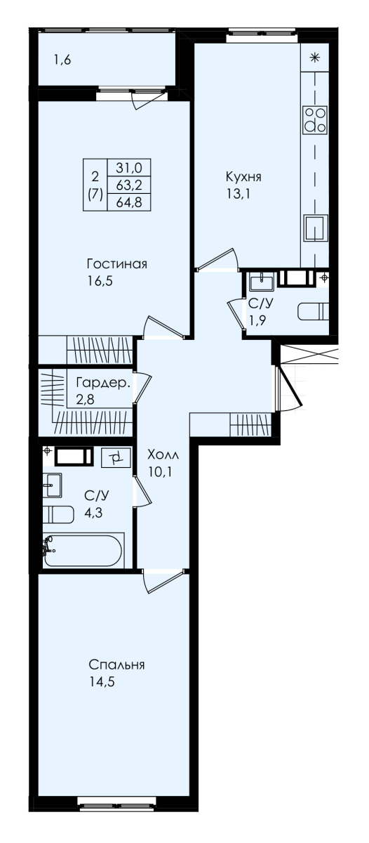 2 комн. квартира, 64.8 м², 3 этаж 