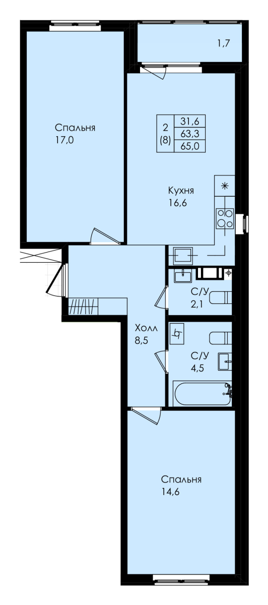2 комн. квартира, 65 м², 3 этаж 