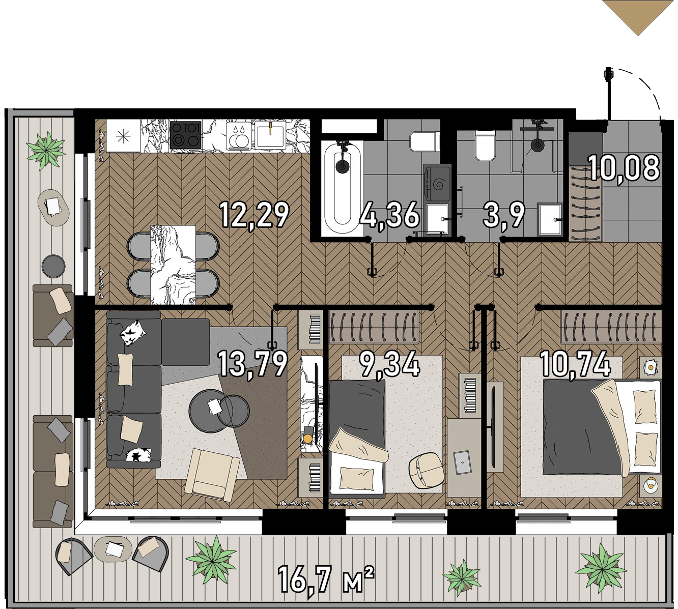 3 комн. квартира, 67.2 м², 2 этаж  (из 23)