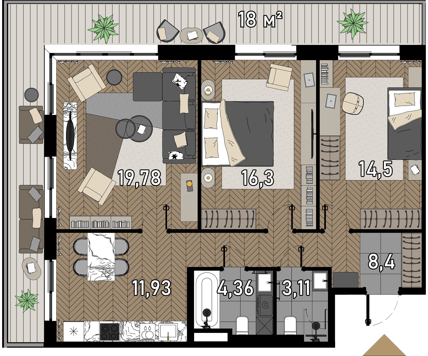 3 комн. квартира, 81.2 м², 2 этаж  (из 23)
