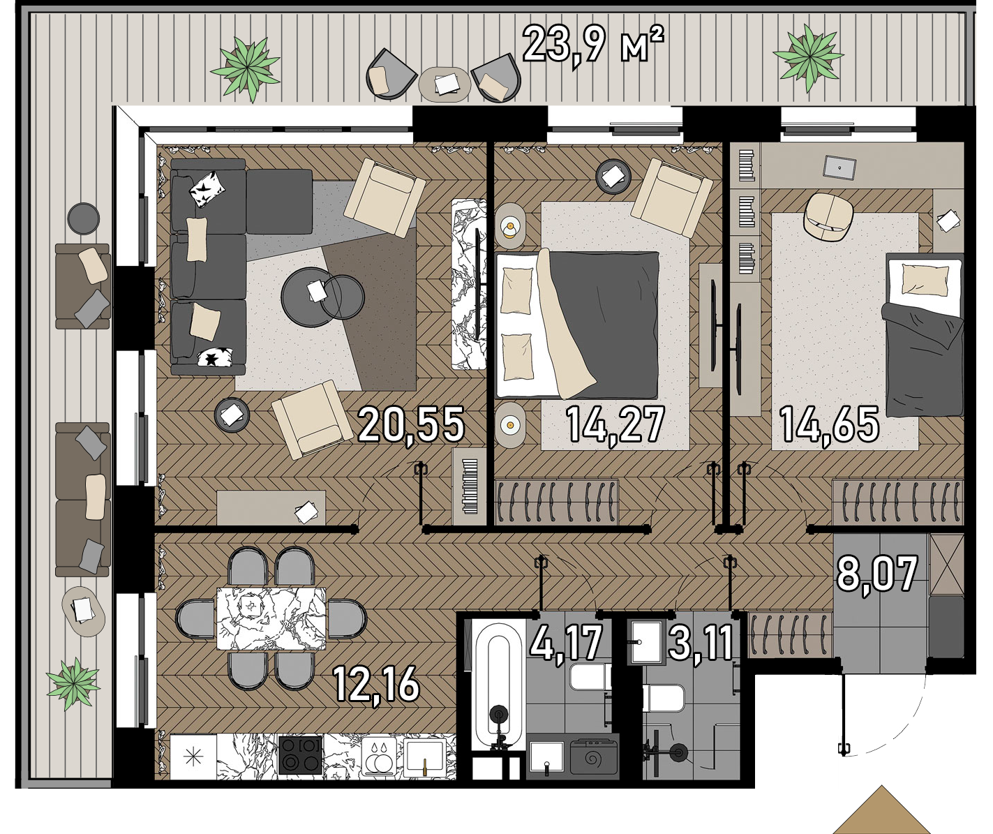 3 комн. квартира, 78.3 м², 2 этаж  (из 23)
