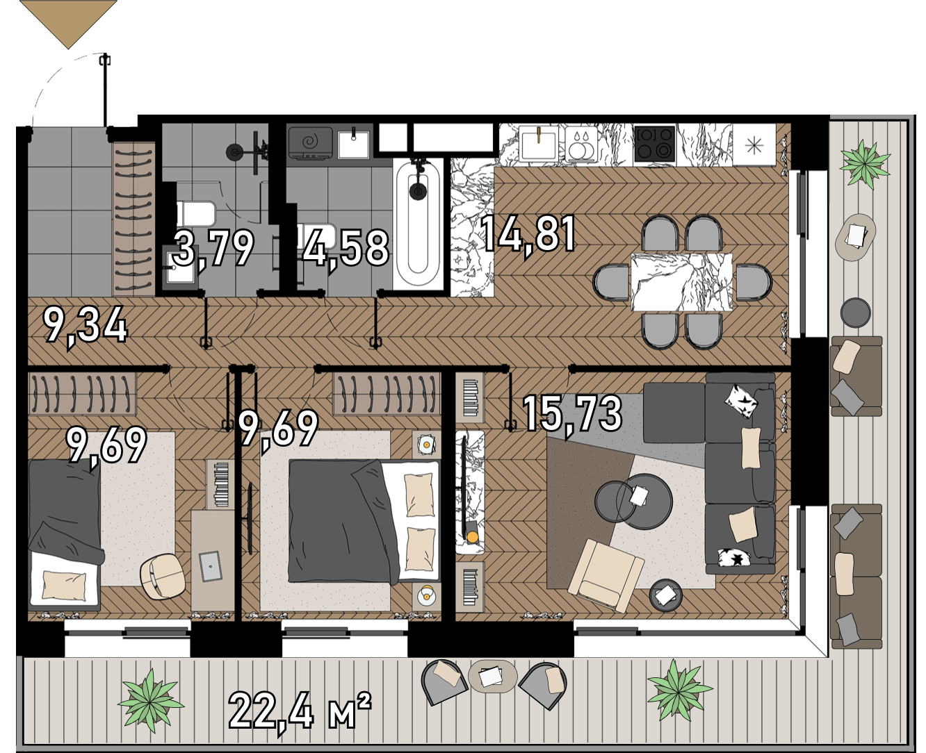 3 комн. квартира, 68.9 м², 2 этаж  (из 23)