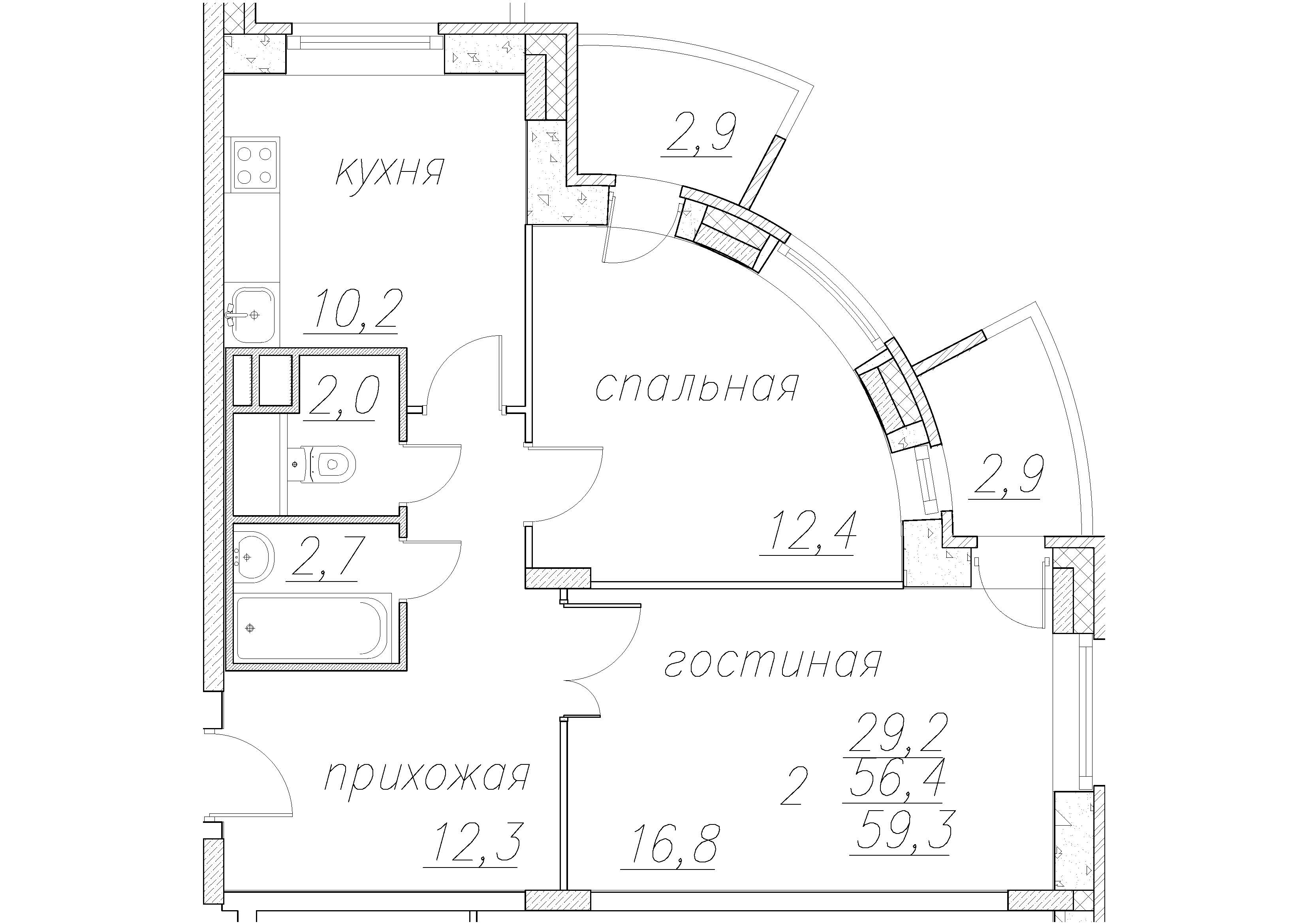 2 комн. квартира, 60.8 м², 1 этаж 