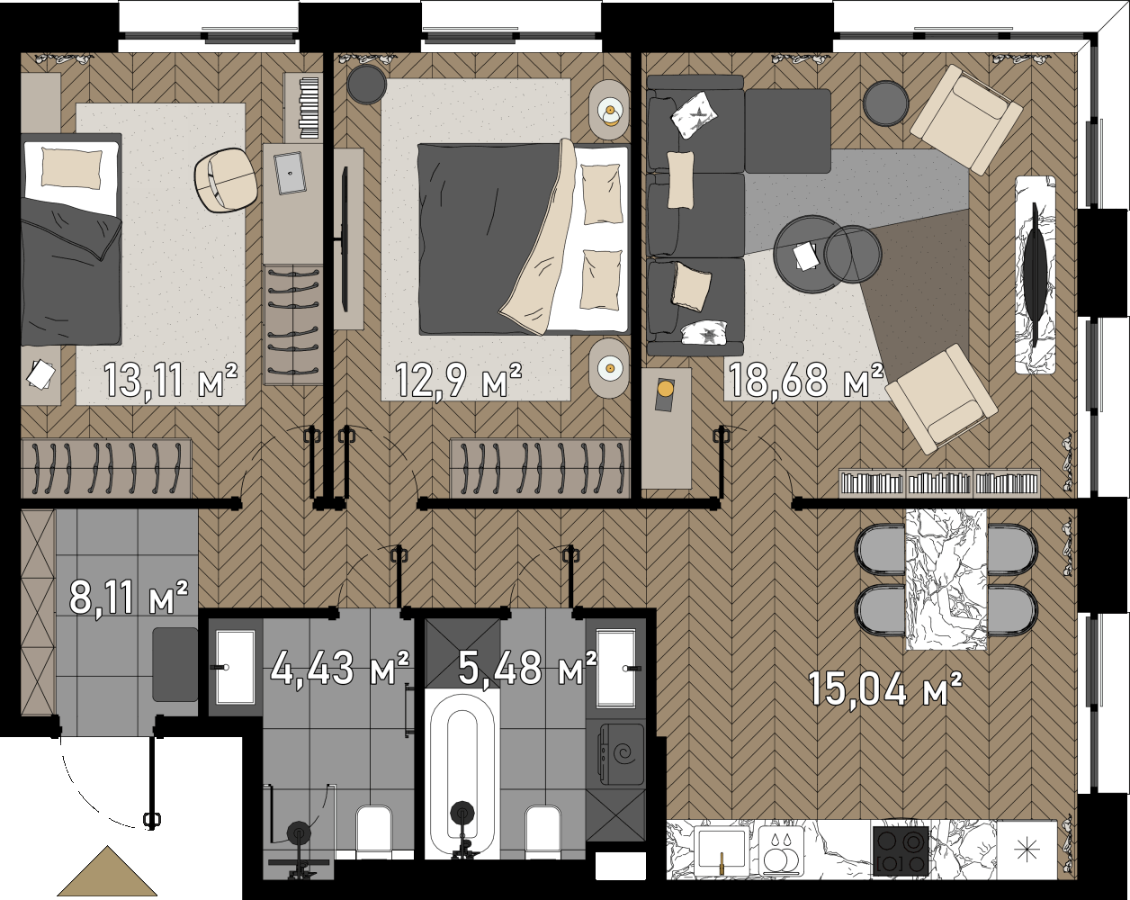 3 комн. квартира, 79.8 м², 5 этаж  (из 23)