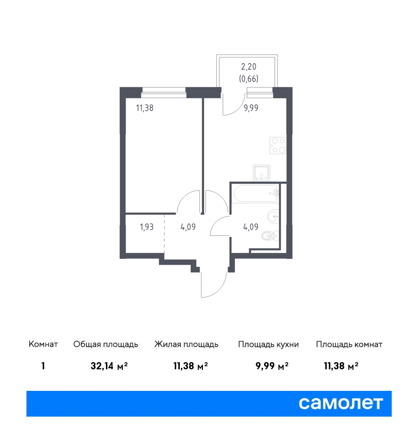 1 комн. квартира, 32.1 м², 2 этаж  (из 15)