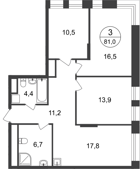 3 комн. квартира, 81 м², 19 этаж  (из 22)