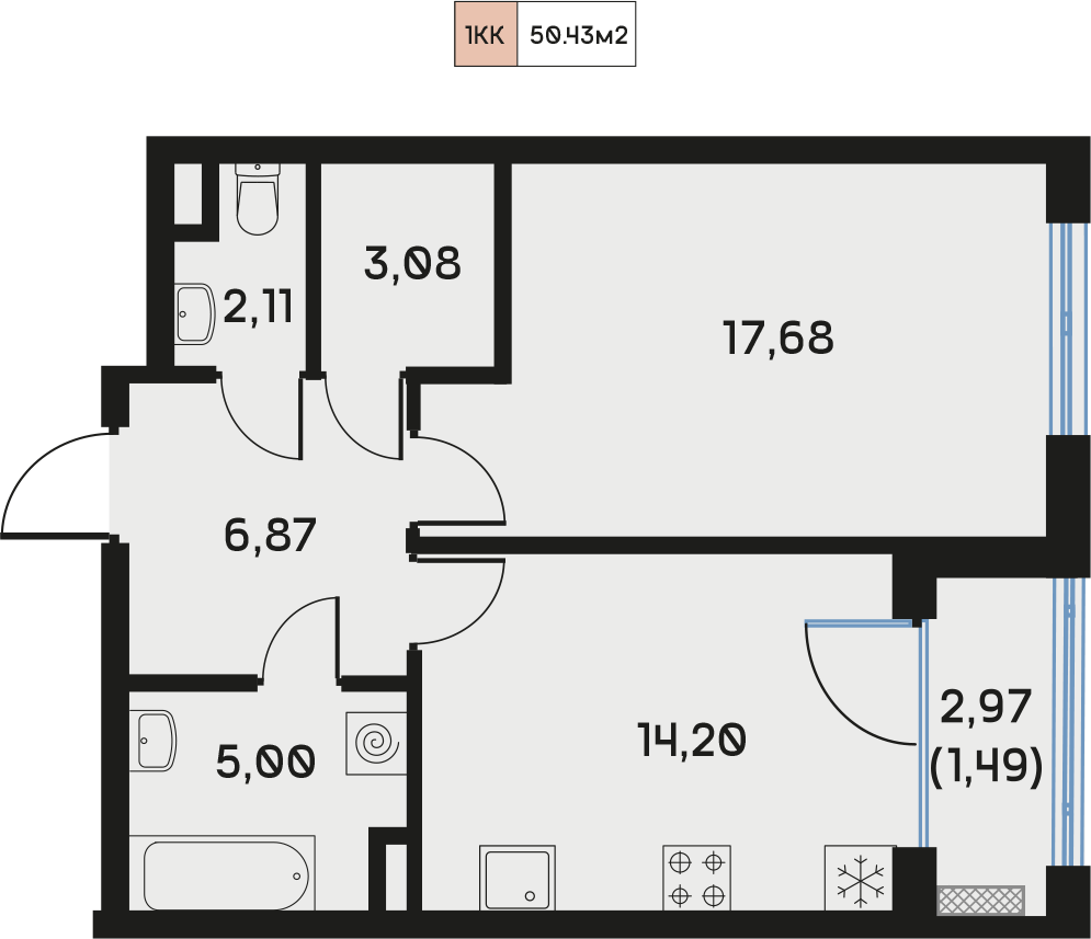 1 комн. квартира, 50.4 м², 3 этаж  (из 9)