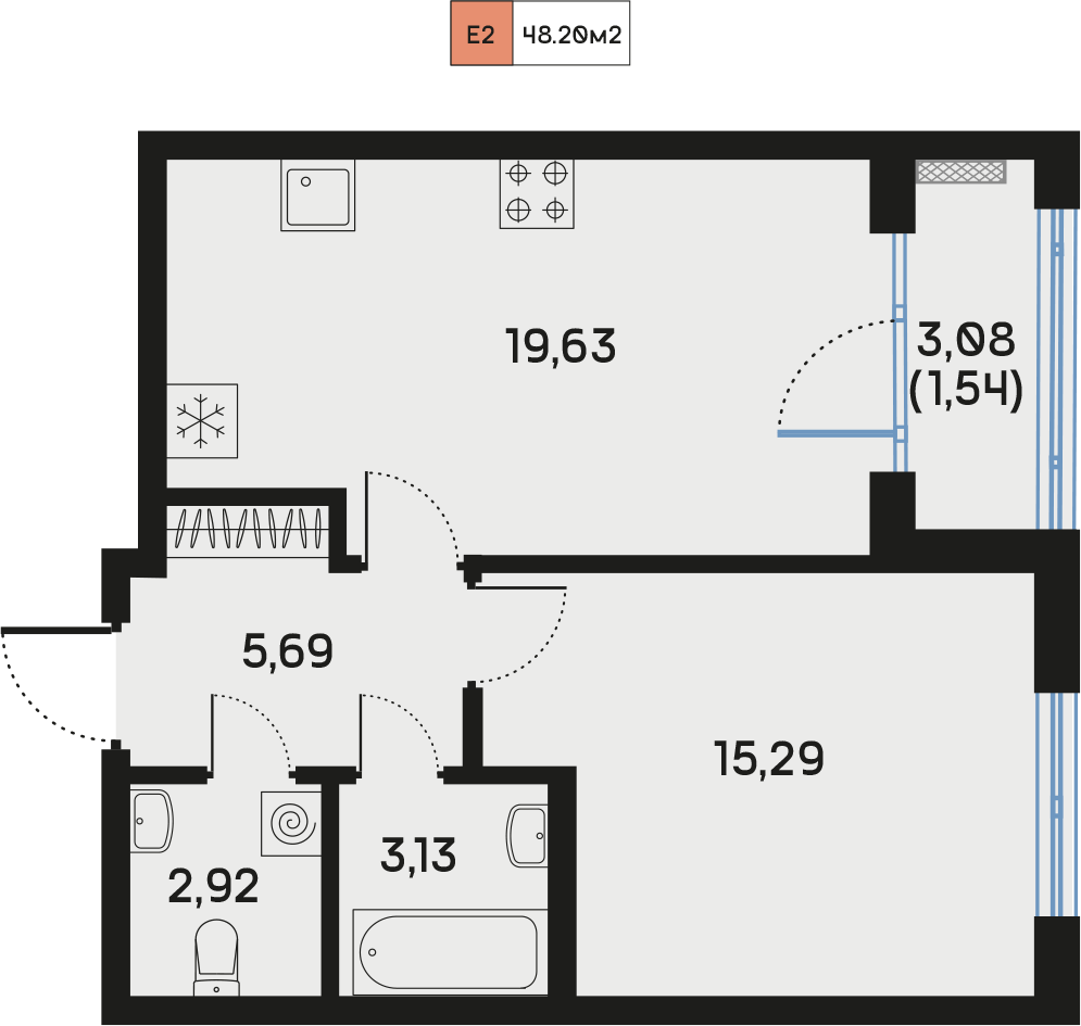 1 комн. квартира, 48.2 м², 2 этаж  (из 9)