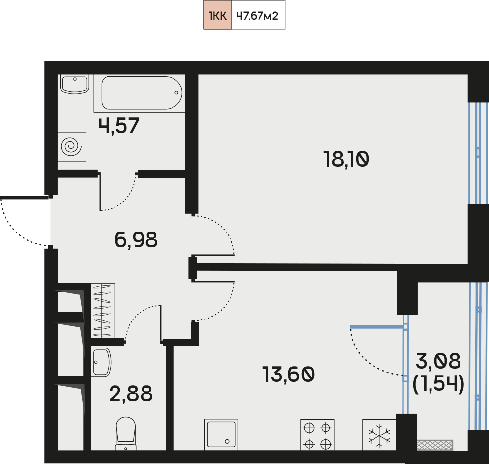 1 комн. квартира, 47.7 м², 2 этаж  (из 9)