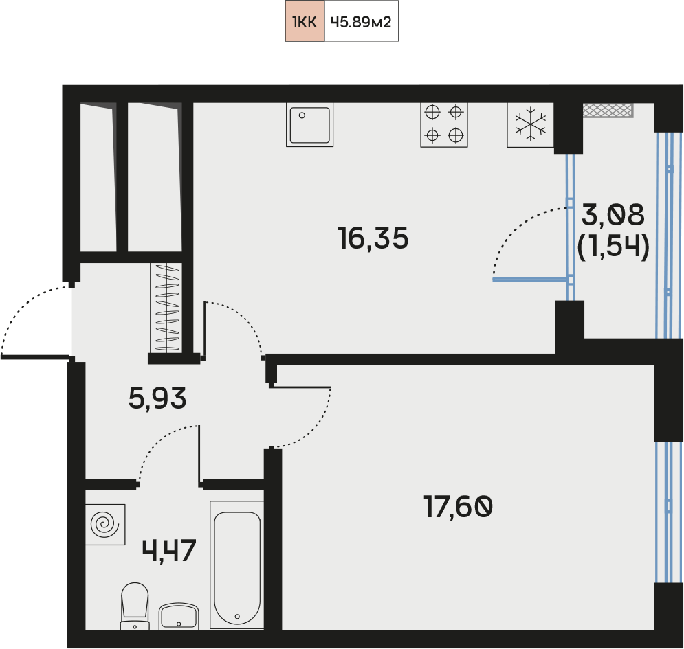 1 комн. квартира, 45.9 м², 2 этаж  (из 9)