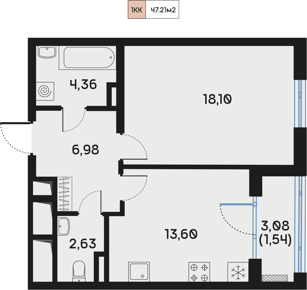 1 комн. квартира, 47.2 м², 3 этаж  (из 9)