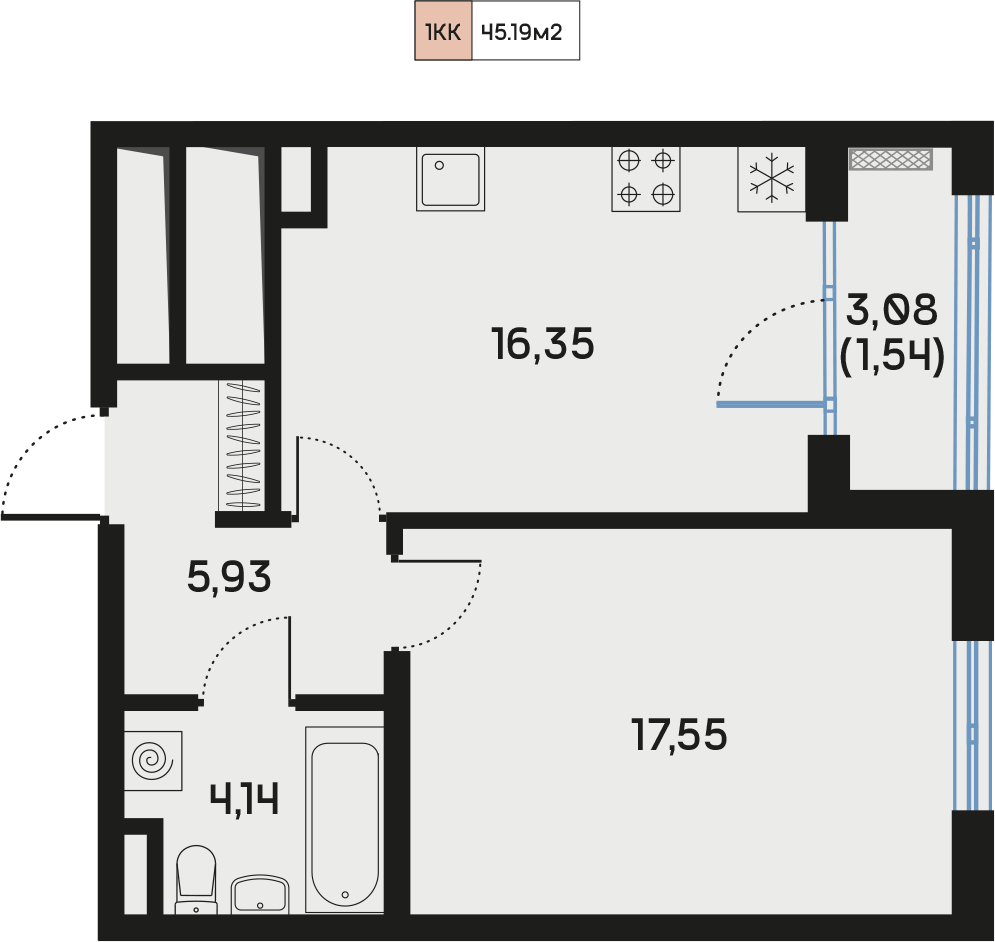 1 комн. квартира, 45.2 м², 4 этаж  (из 9)