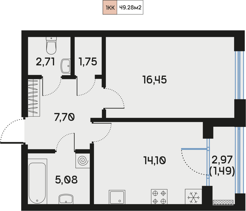 1 комн. квартира, 49.3 м², 2 этаж  (из 9)