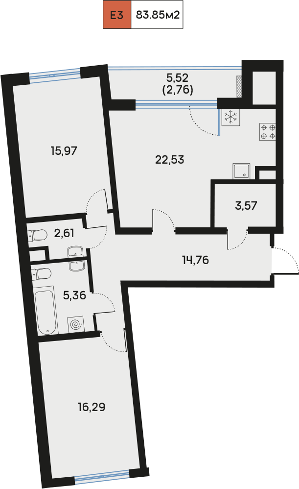 2 комн. квартира, 83.8 м², 4 этаж  (из 9)