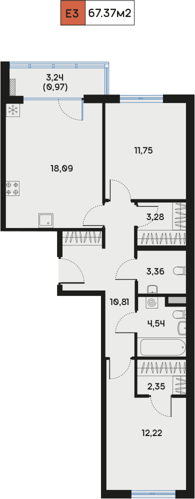 2 комн. квартира, 67.4 м², 5 этаж  (из 9)