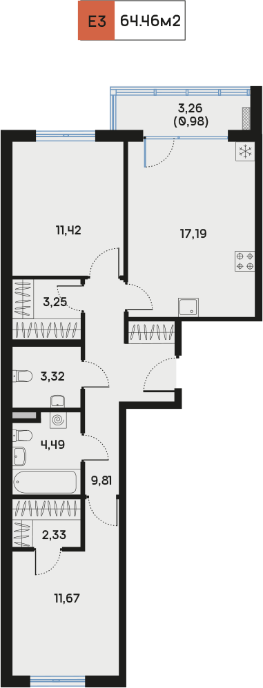 2 комн. квартира, 64.6 м², 7 этаж  (из 9)