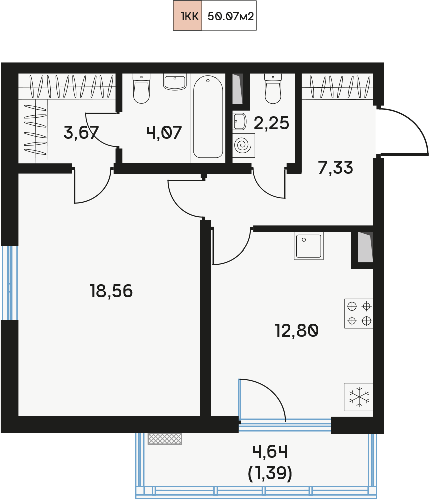 1 комн. квартира, 50.1 м², 3 этаж  (из 9)