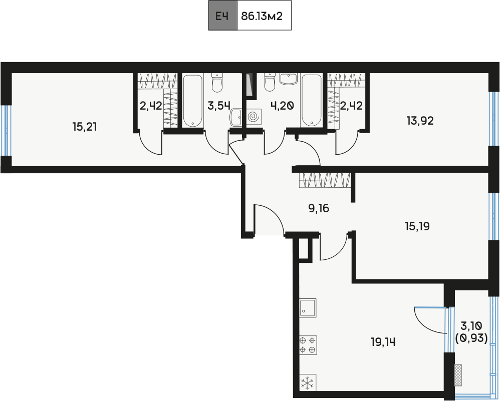3 комн. квартира, 86.1 м², 3 этаж  (из 9)