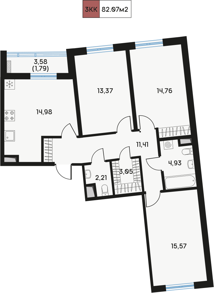 3 комн. квартира, 82.1 м², 6 этаж  (из 9)