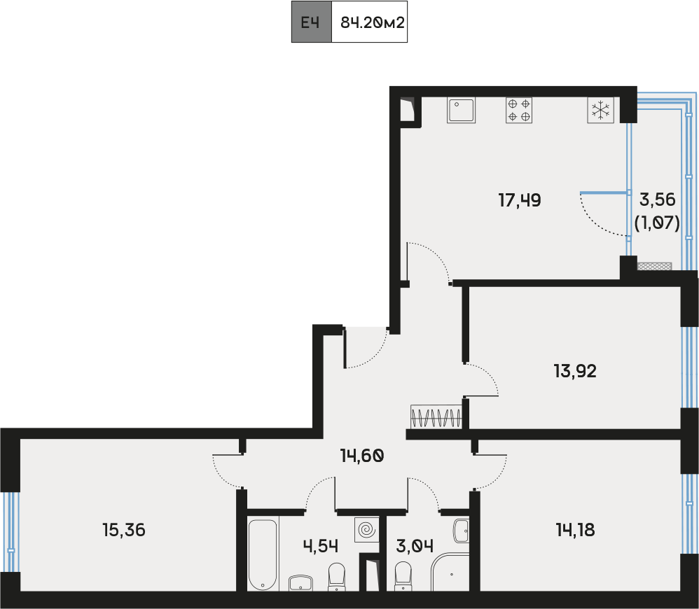 3 комн. квартира, 84.2 м², 4 этаж  (из 9)
