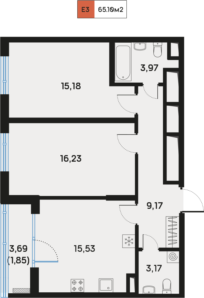 2 комн. квартира, 65.1 м², 4 этаж  (из 9)