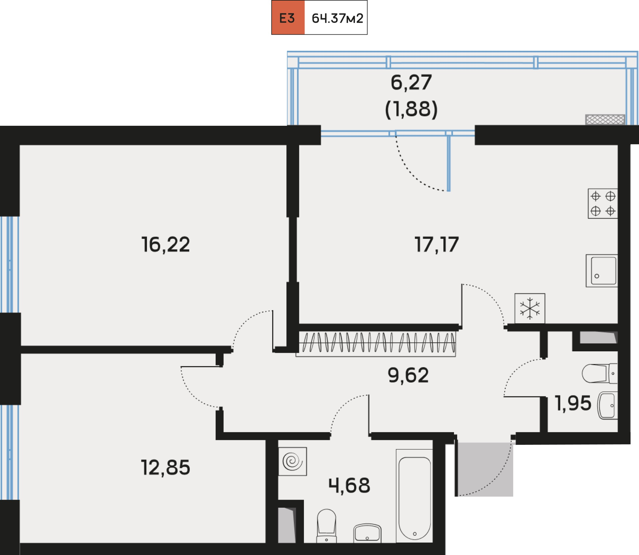 2 комн. квартира, 64.4 м², 5 этаж  (из 9)
