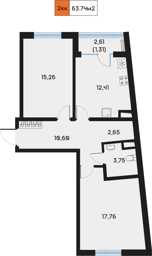2 комн. квартира, 63.7 м², 6 этаж  (из 9)