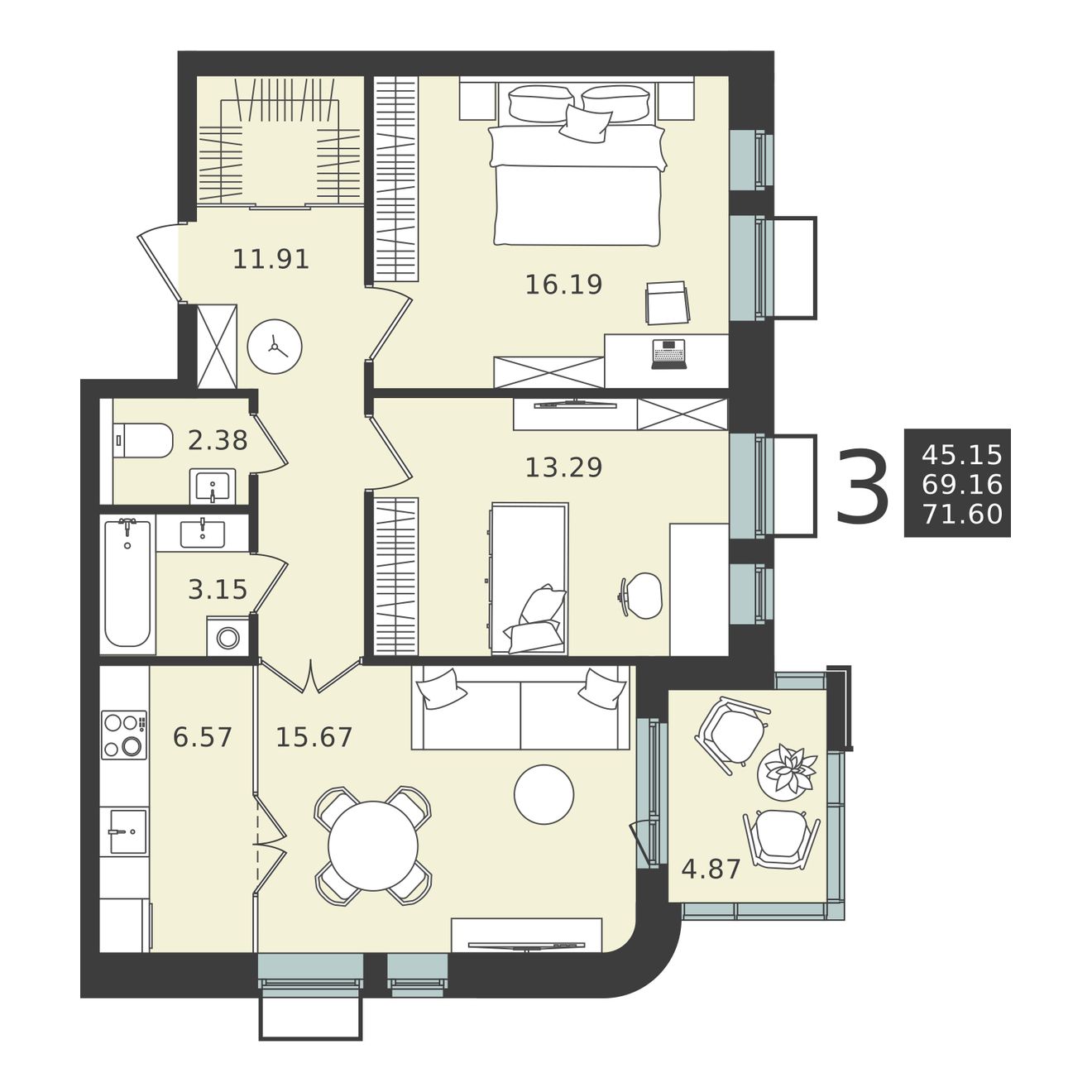 3 комн. квартира, 71.6 м², 2 этаж 