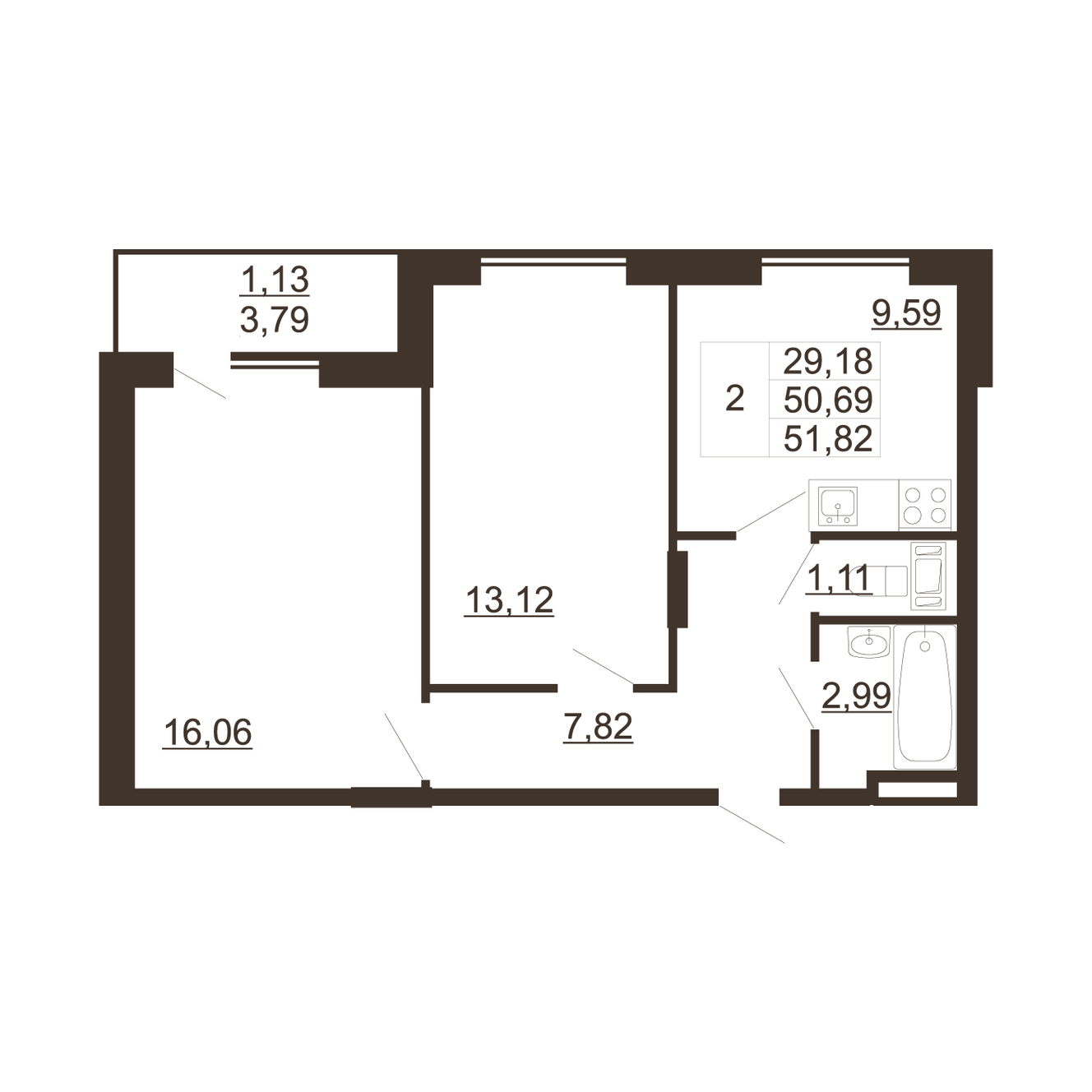 2 комн. квартира, 51.8 м², 2 этаж 