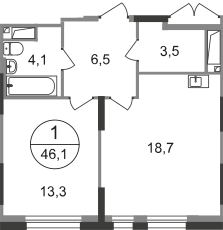 1 комн. квартира, 46.1 м², 13 этаж  (из 19)