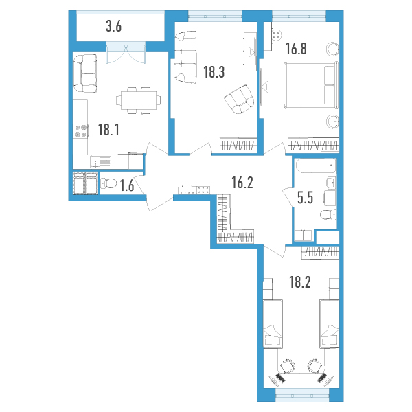 3 комн. квартира, 96.5 м², 11 этаж 