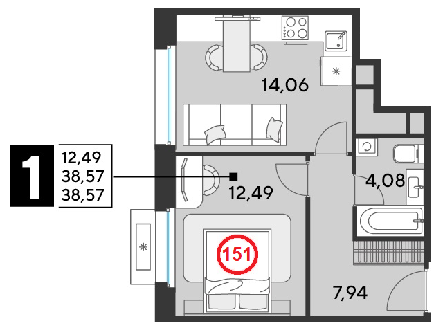 1 комн. квартира, 38.6 м², 14 этаж 