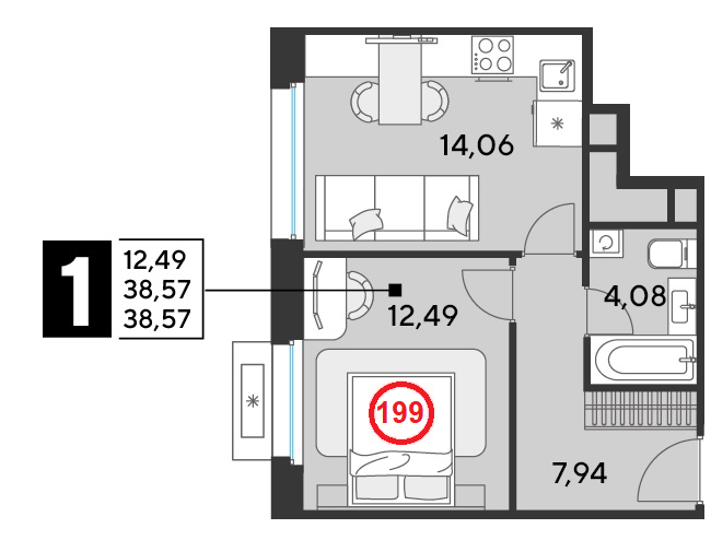 1 комн. квартира, 38.6 м², 18 этаж 