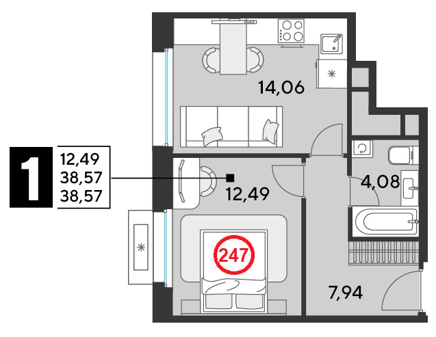 1 комн. квартира, 38.6 м², 22 этаж 