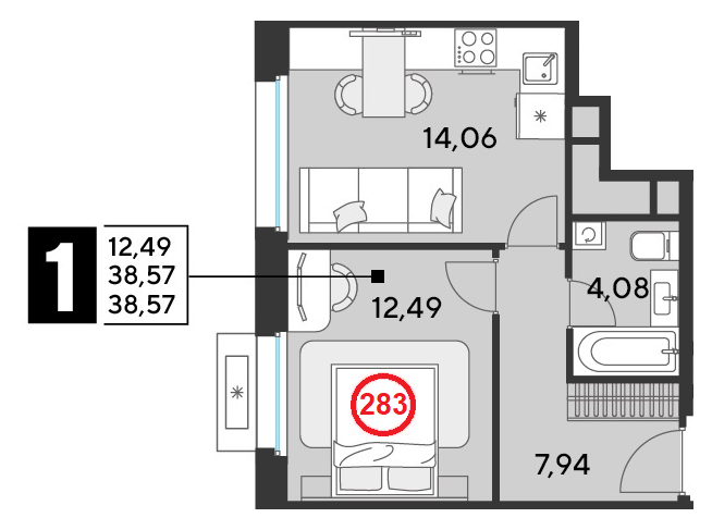 1 комн. квартира, 38.6 м², 25 этаж 
