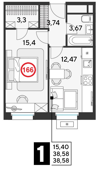 1 комн. квартира, 38.6 м², 15 этаж 