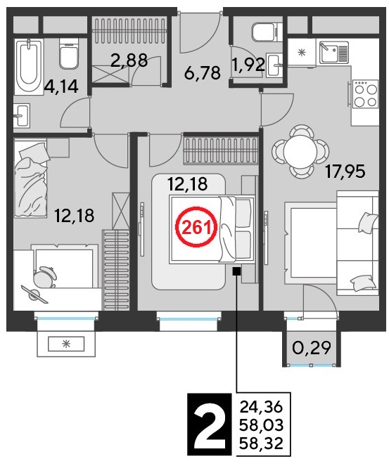 2 комн. квартира, 58.3 м², 23 этаж 