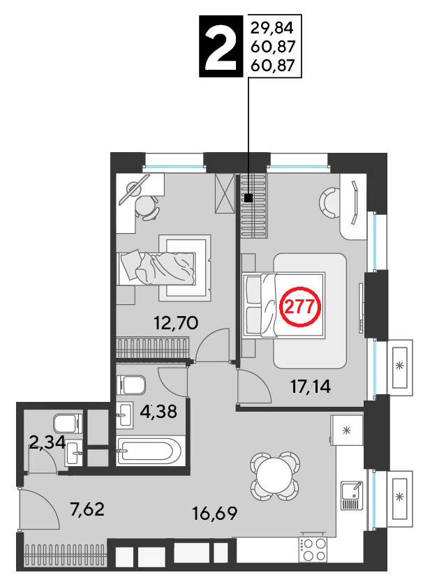 2 комн. квартира, 60.9 м², 25 этаж 